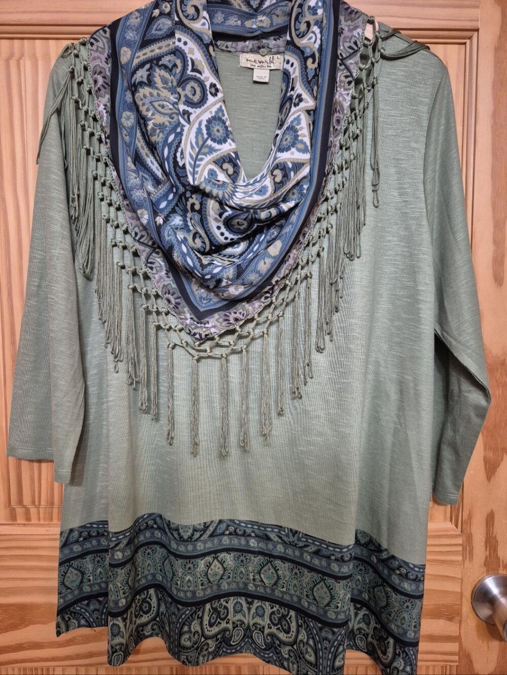 ONE WORLD Mint Green Fringe Tunic with Blue Paisley Scarf